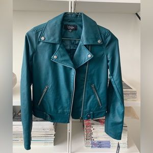 Coffee shop Teal pleather biker jacket xs. NWT